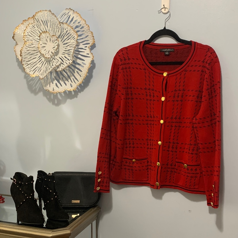 Designers originals 100% acrylic, red and black button-down cardigan